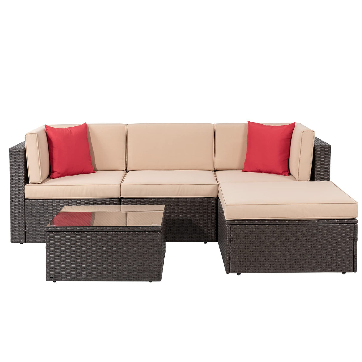Shintenchi 5 Pieces Patio Furniture Sets Outdoor All-Weather Sectional Patio Sofa Set PE Rattan Manual Weaving Wicker Patio Conversation Set with Glass Table&Ottoman Cushion and Red Pillows Shintenchi