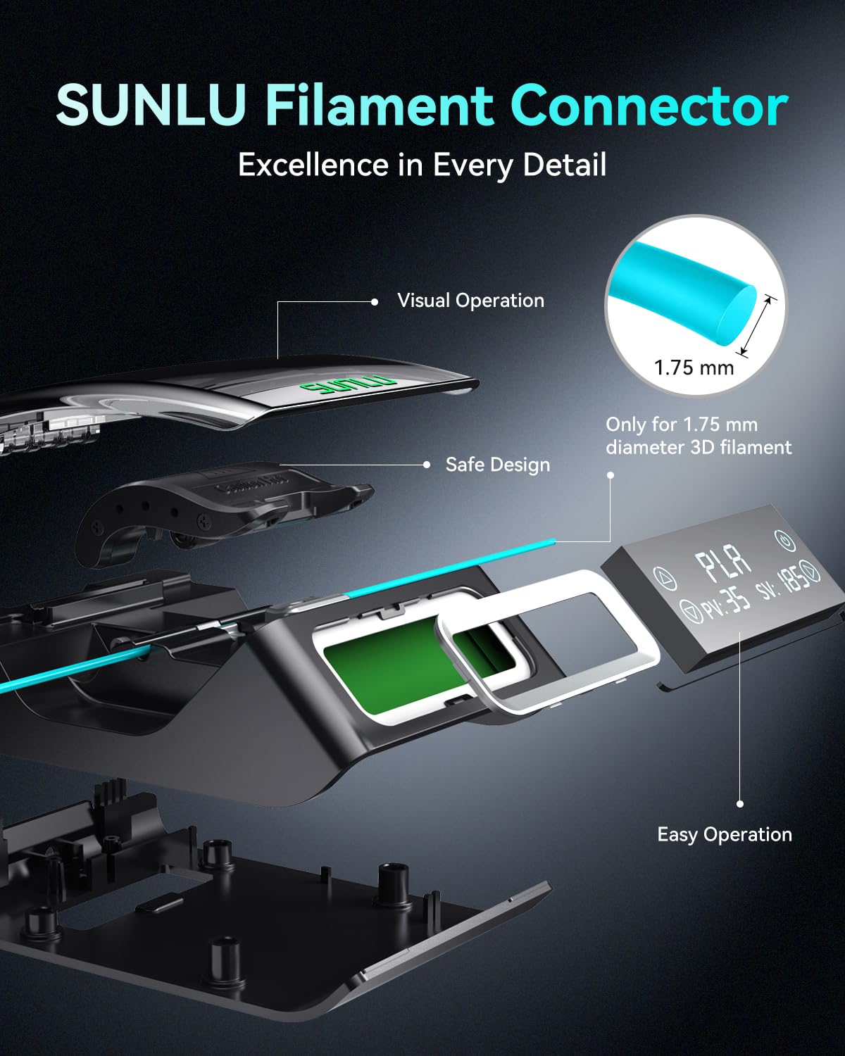 SUNLU Official Filament Connector, Fast Heating Filament Connector for 3D Printer Filament 1.75mm, Up to 240°C, Compatible with PLA PETG TPU ABS PA Nylon, Easy to Use, Pack with 200PCS PTFE Sleeve SUNLU