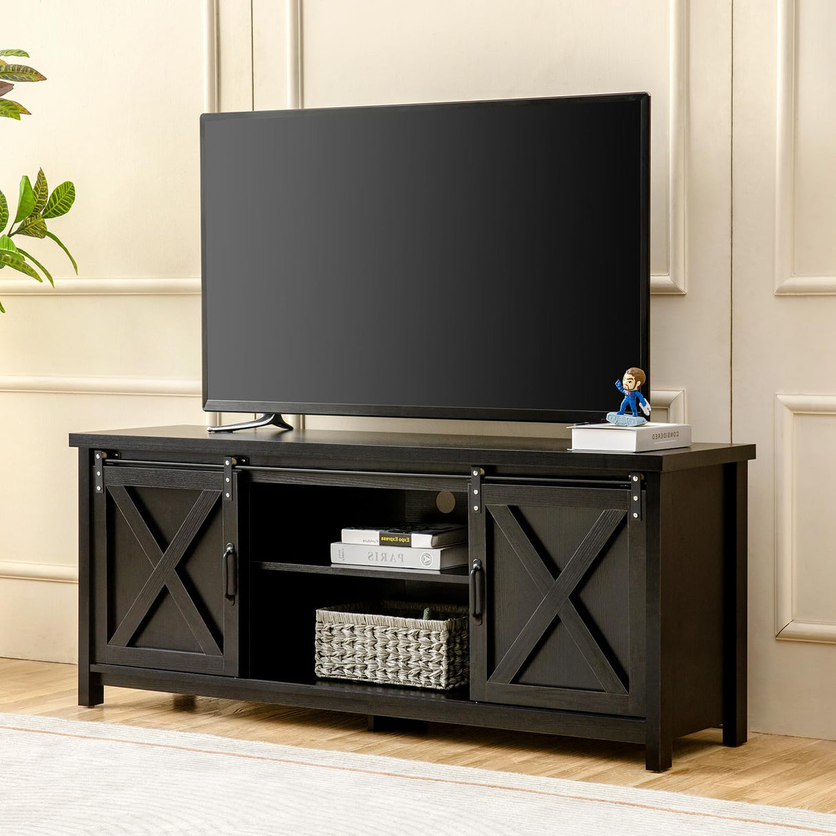 GAZHOME Farmhouse TV Stand with Sliding Barn Doors, Media Entertainment Center Console Table for TVs up to 65”,Rustic TV Stand for Living Room Bedroom(Black) GAZHOME