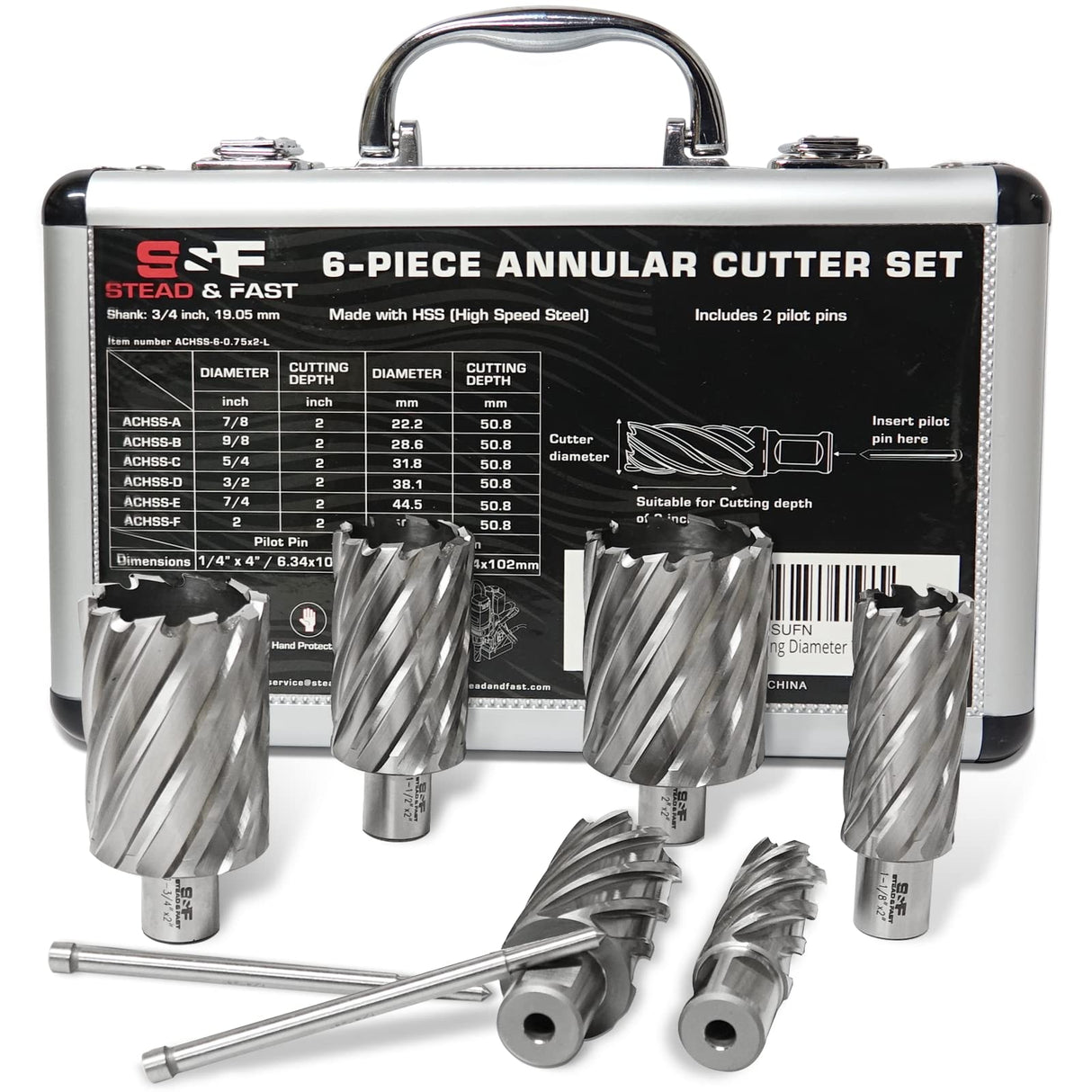 S&F STEAD & FAST Annular Cutter Set, 2 inch Depth of Cut, 7/8, 1-1/8, 1-1/4, 1-1/2, 1-3/4, 2" Cutting Diameter, 3/4 Weldon Shank, Mag Drill Bits Kit for Magnetic Drill Press S&F STEAD & FAST