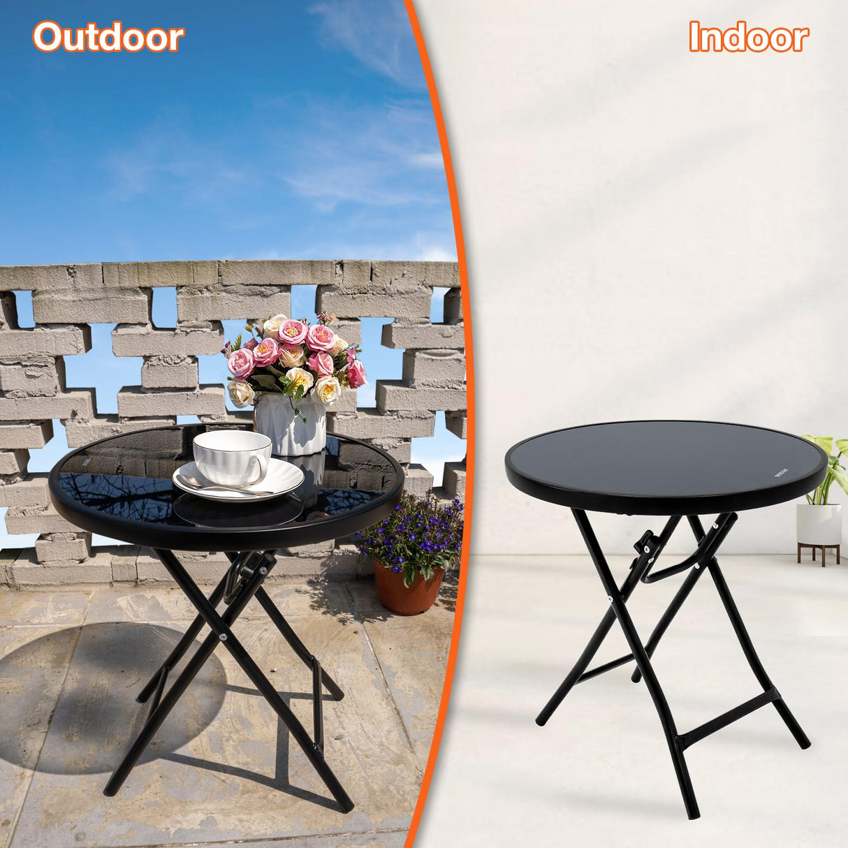 Garsing Outdoor Patio Round Side Table, Folding Bistro Table with Tempered Glass Tabletop, Compact Small Foldable Coffee Desk for Outside Use, Black Garsing Outdoor Leisure