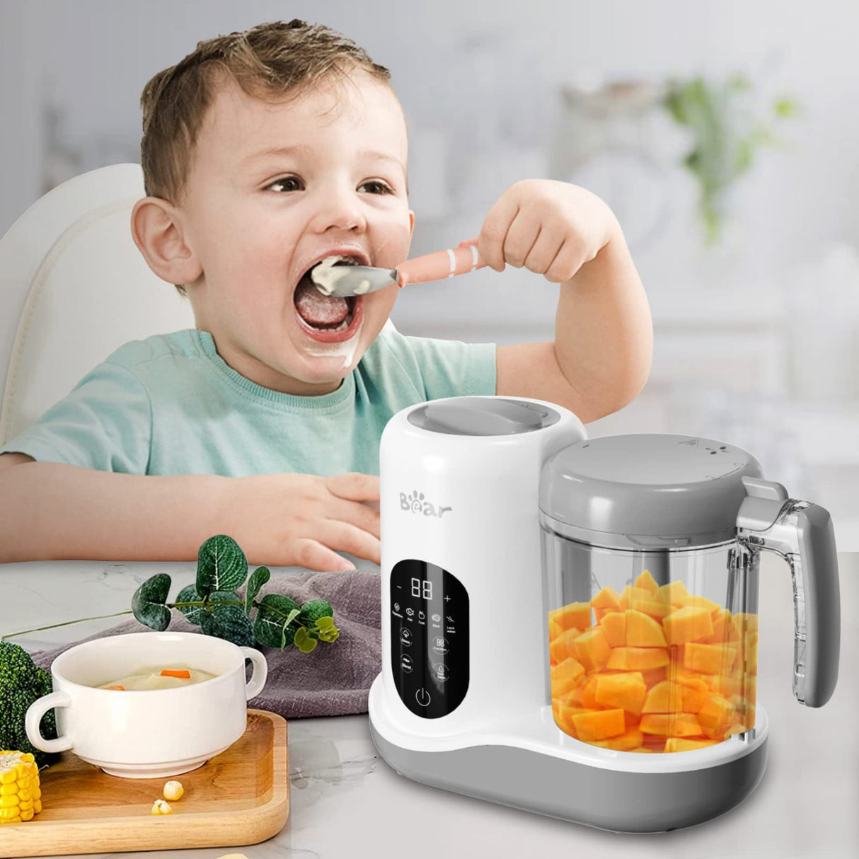 BEAR 2024 Baby Food Maker | One Step Baby Food Processor Steamer Puree Blender | Auto Cooking & Grinding | Baby Food Puree Maker with Self Cleans | Touch Screen Control, White Bar