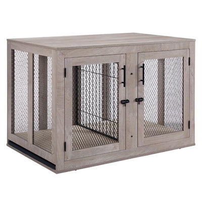 unipaws Extra Large Dog Crate Furniture with Divider for 2 Dogs, Wooden Dog Kennel for XLarge Breed, Indoor Decorative XL Wood Dog Cage, Inside Side End Table Crate with Tray, for Dogs Up to 90 lbs