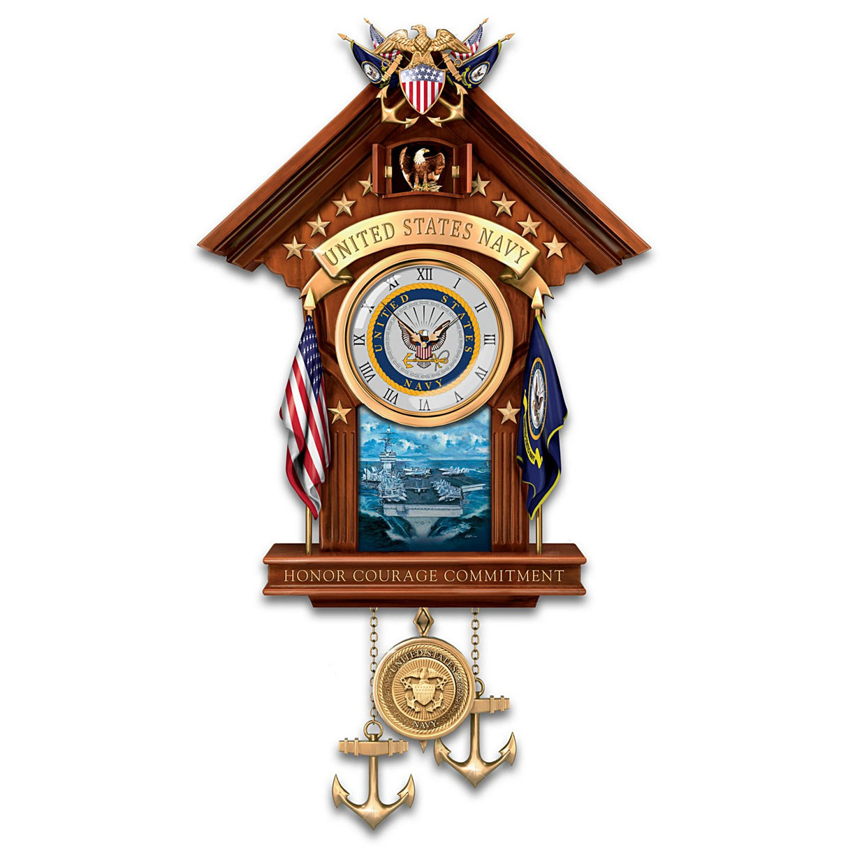 The Bradford Exchange United States Navy Mahogany-Finished Wood Toned Cuckoo Clock The Bradford Exchange
