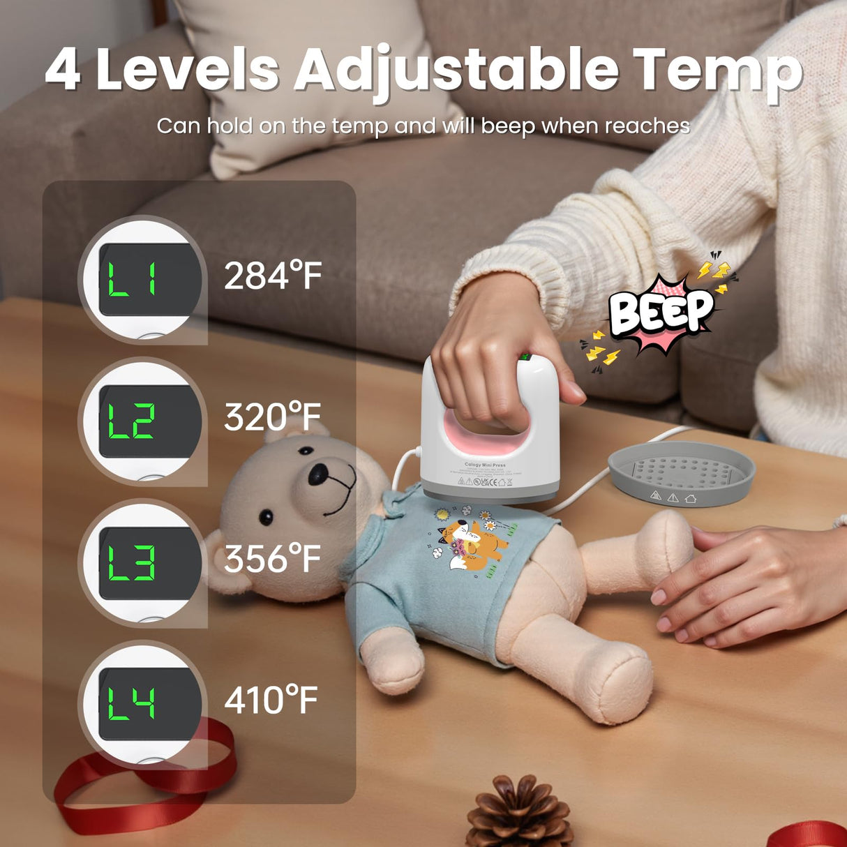 Calogy Super Mini Heat Press Machine, Max 410℉ & 4 Heating Setting with LED Display, Mini Iron for Crafting with Precision Tip, Easy for Small Objects Like Shoes, Stuffed Animals, Hats (White Pink) Calogy