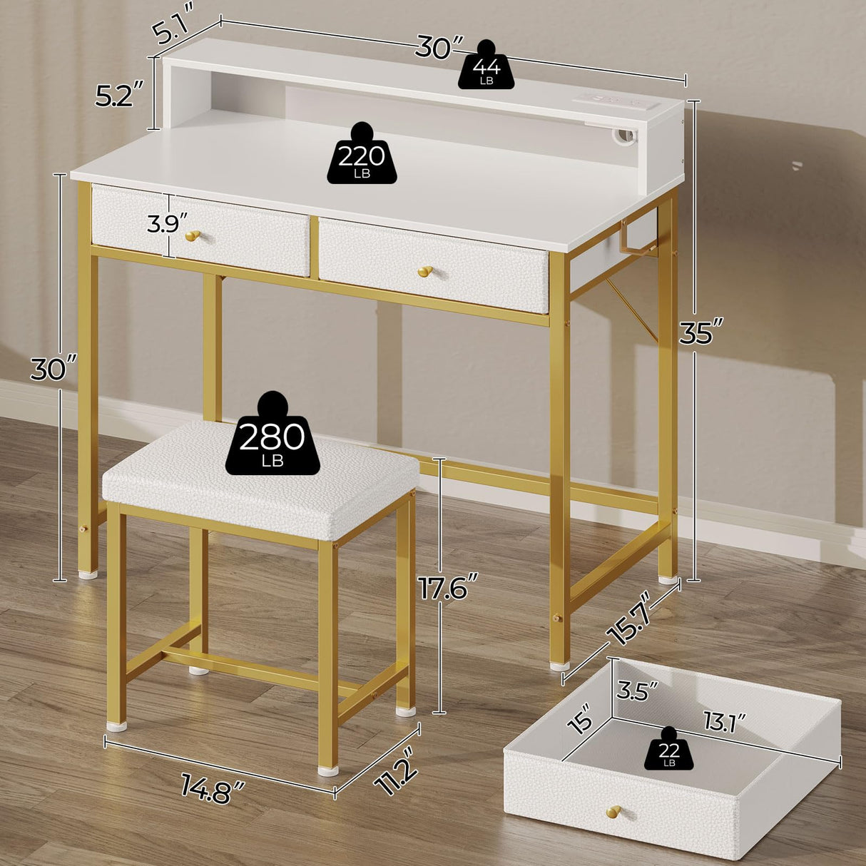Seventable Vanity Desk Without Mirror, Makeup Vanity with Drawers and Charging Station, Small Desk with Storage for Bedroom, Simple Home Office Computer Desk for Small Spaces, White and Gold Leg Seventable