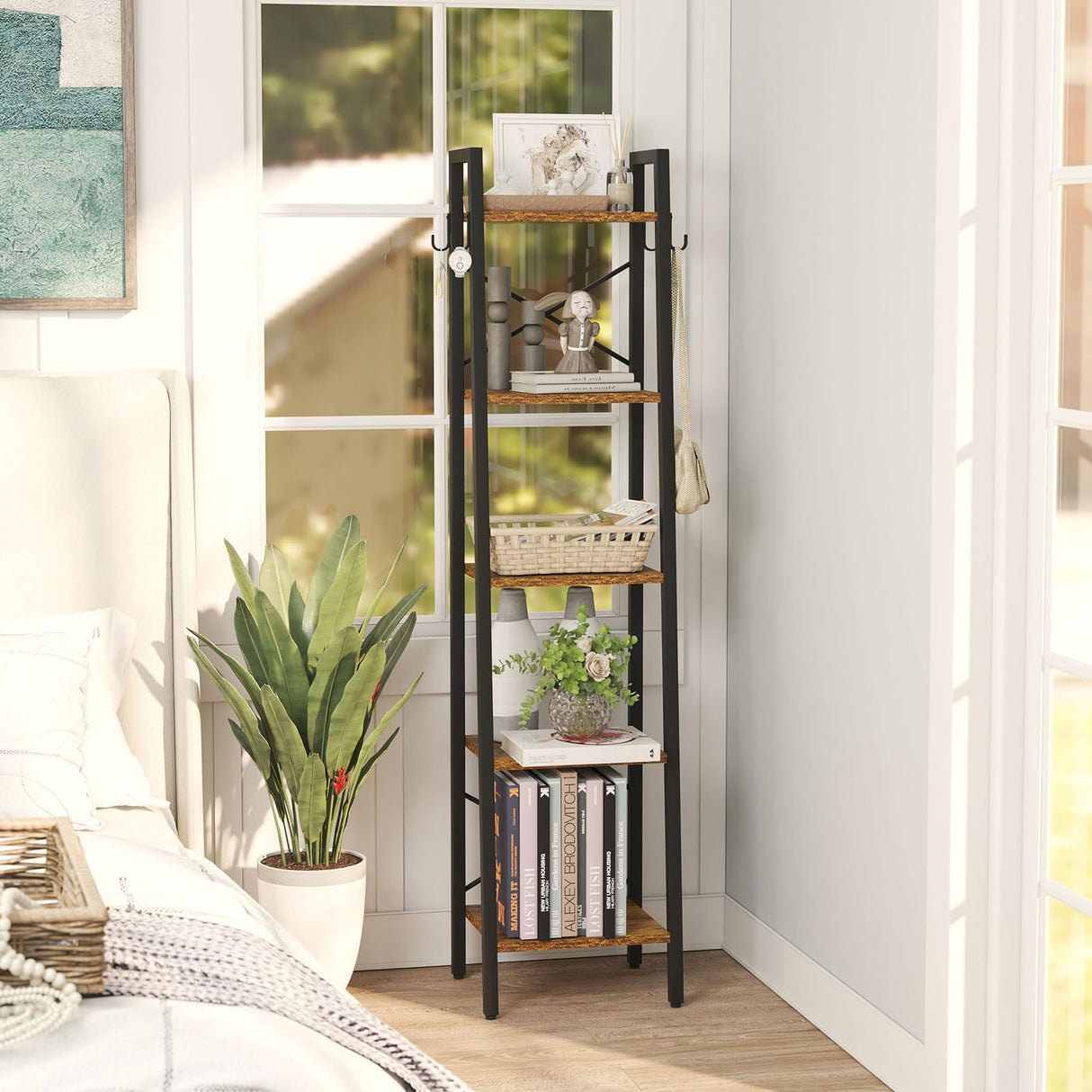 YMYNY 5 Tiers Ladder Bookcase, Industrial Narrow Bookshelf, Open Display Rack with 4 S Hooks, Metal Storage Shelves for Bedroom, Home Office, Living Room, Rustic Brown, 63H*13.4L*11.8W, UHBC025H