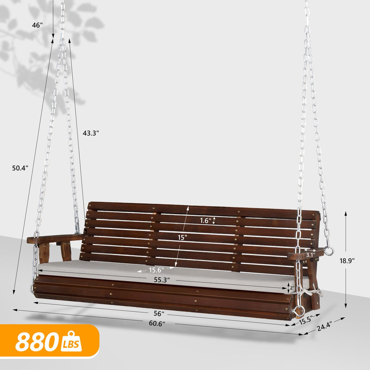 VINGLI Heavy Duty 880 LBS Patio Wooden Porch Swing Outdoor with Extra Cushion, Farmhouse Hanging Bench Tree Swing with Adjustable Chains for Yard | Garden | Lawn | Balcony (5 FT, Rustic) VINGLI