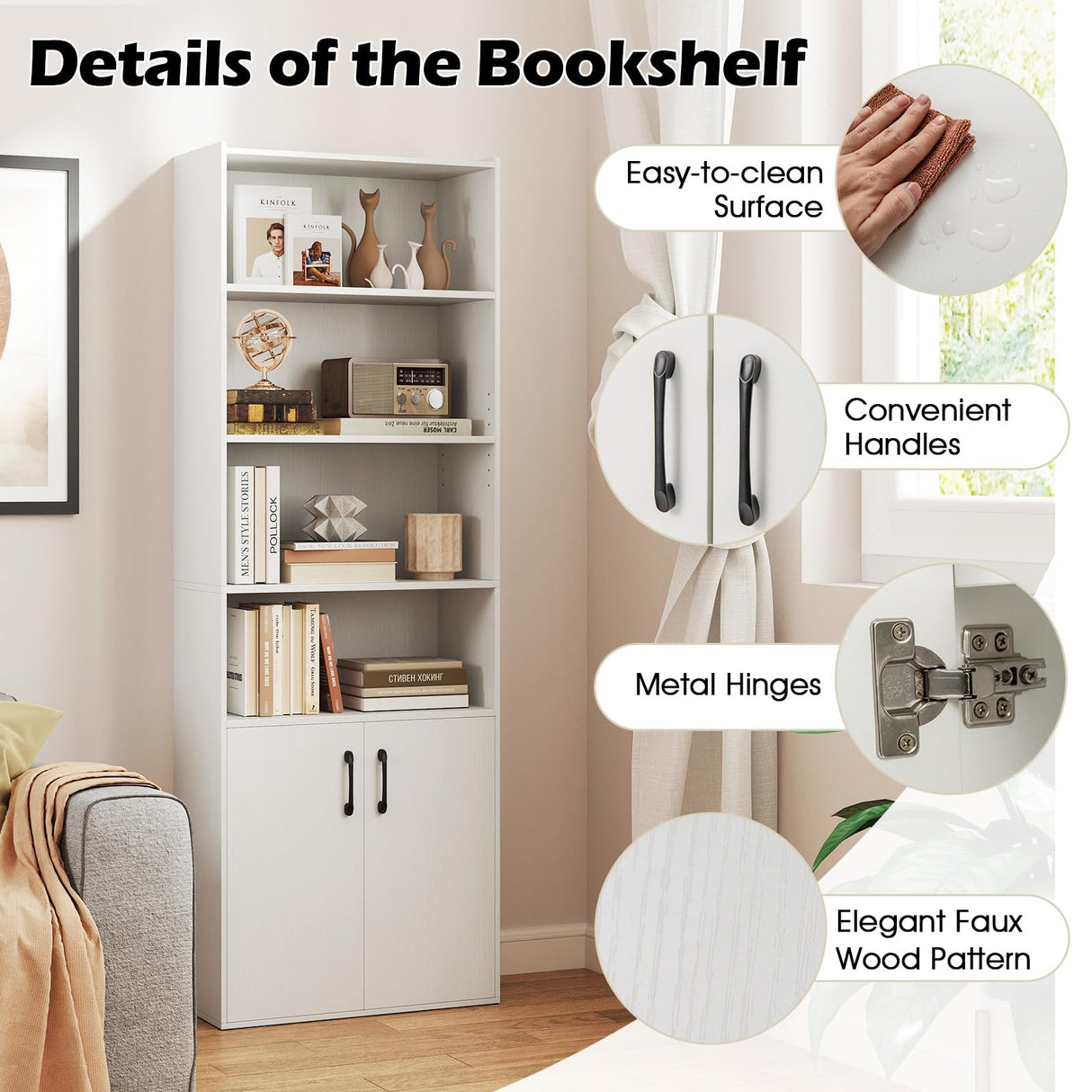 Giantex 70" Bookcase with 2 Doors, 6-Tier Modern Bookshelf w/Cabinet, Elegant Storage Cabinet, Adjustable Shelves, Multipurpose Display Rack, Storage Organizer for Living Room Bedroom Study (White) Giantex