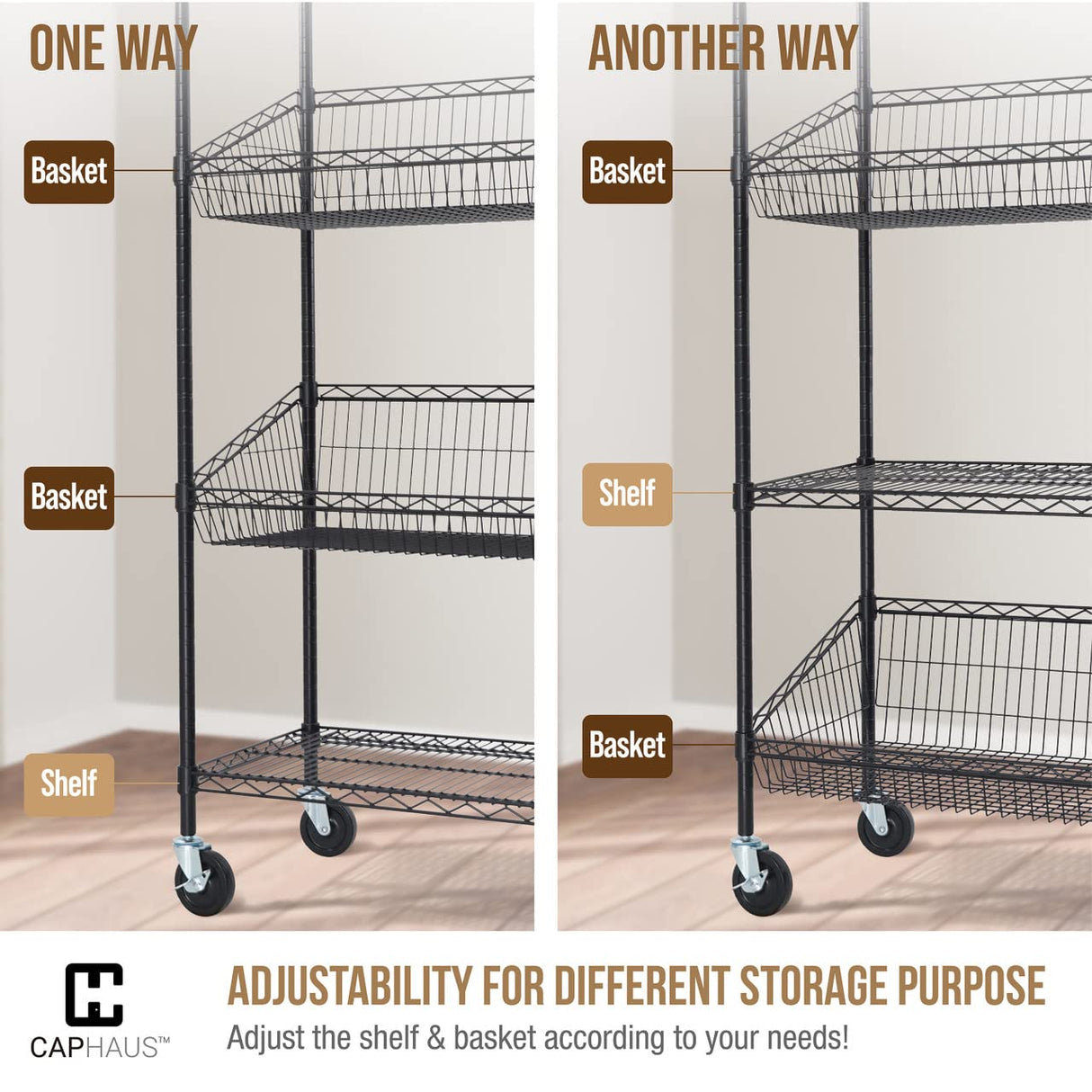 CAPHAUS NSF Commercial Heavy Duty 4 Tier Wire Shelving w/Two Trapezoid Baskets, Wheels, Leveling Feet, Storage Metal Shelf, Basement Garage Shelving Storage, Utility Wire Rack Storage Shelving Black CAPHAUS