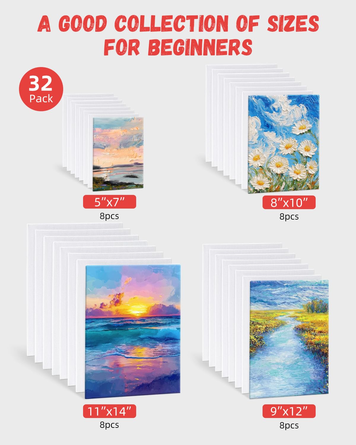 Simetufy Canvas for Painting 32 Pack Paint Canvas Boards for Kids 8pcs of Each 5x7, 8x10, 9x12, 11x14 100% Cotton for Acrylic Watercolor Paint Simetufy
