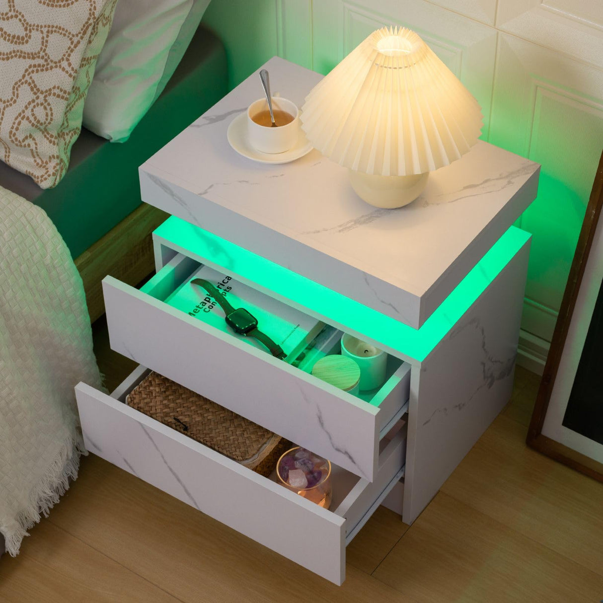 Bingoday Bedside Table with 2 Drawers, LED Nightstand Wooden Cabinet Unit with LED Lights for Bedroom, End Table Side Table for Bedroom Living Room Bingoday