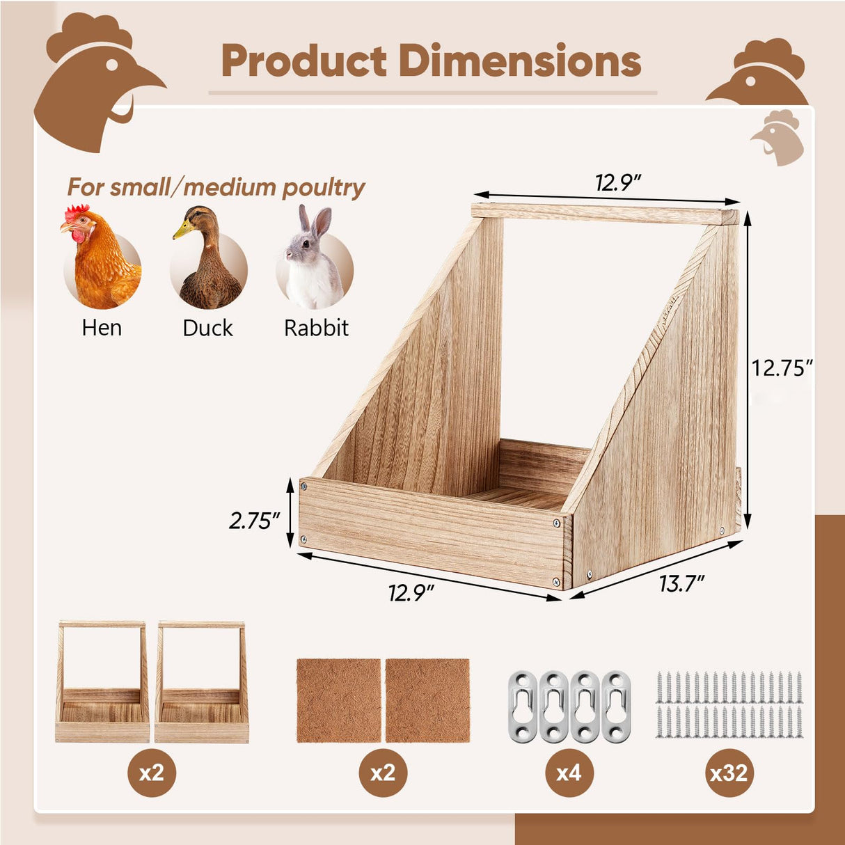 Chewoof 2 Pack Chicken Nesting Box, Wooden Chicken Coop, Chicken Coop Accessories, Chicken Laying Nest Box for Poultry Farm, Poultry Nesting Boxes with Nest Box Pads Chewoof