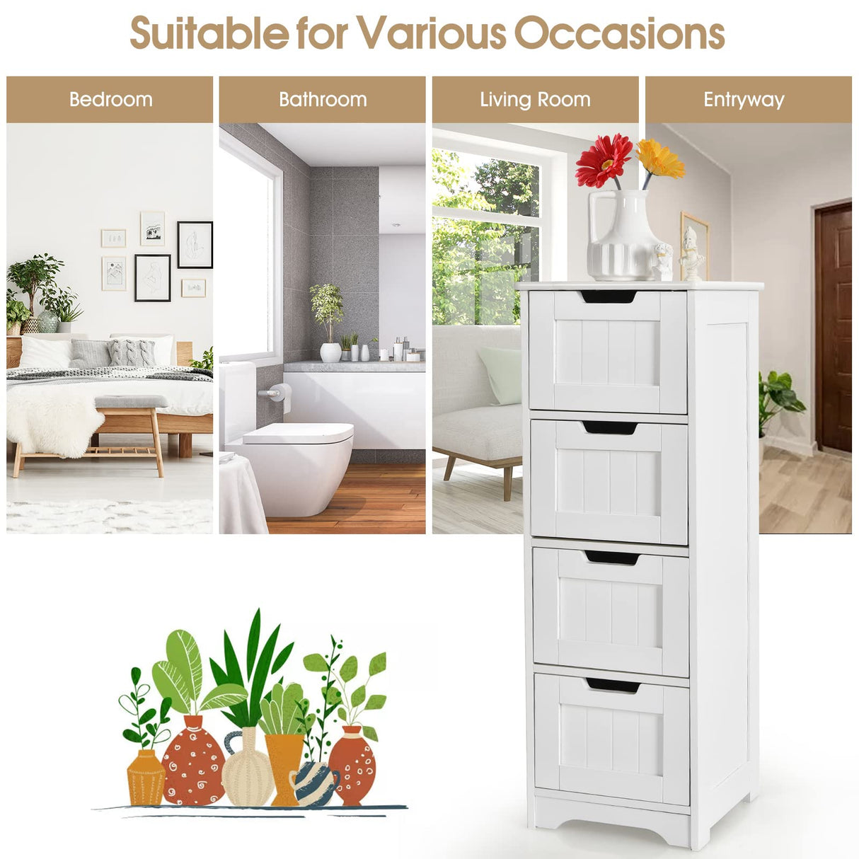 Tangkula Bathroom Floor Cabinet with 4 Drawers, 12 x 12 x 32 Inch, Freestanding Storage Cabinet for Bathroom Living Room, Wooden Bathroom Cabinet for Home Office (White) Tangkula