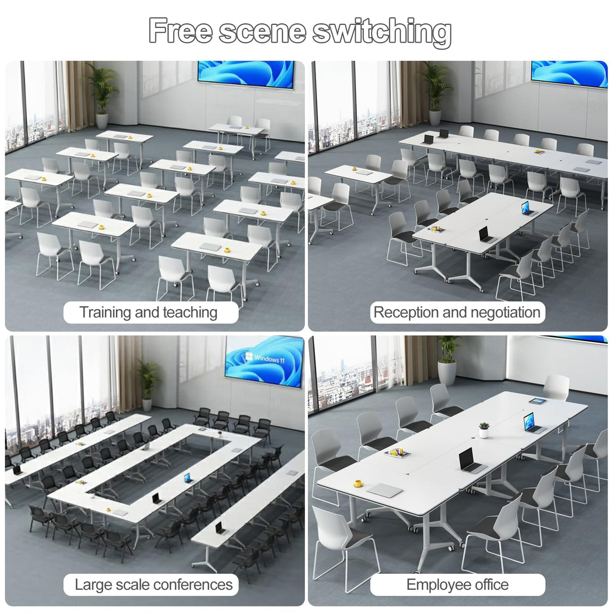 Folding Conference Table 2-10 People,Mobile Conference Room Table Rolling Meeting Table with Caster Wheels,Modern Executive Desk、Podcast Table、Extra Wide Desk、Flip Top Table (4, White, 140cm) rzoizwko