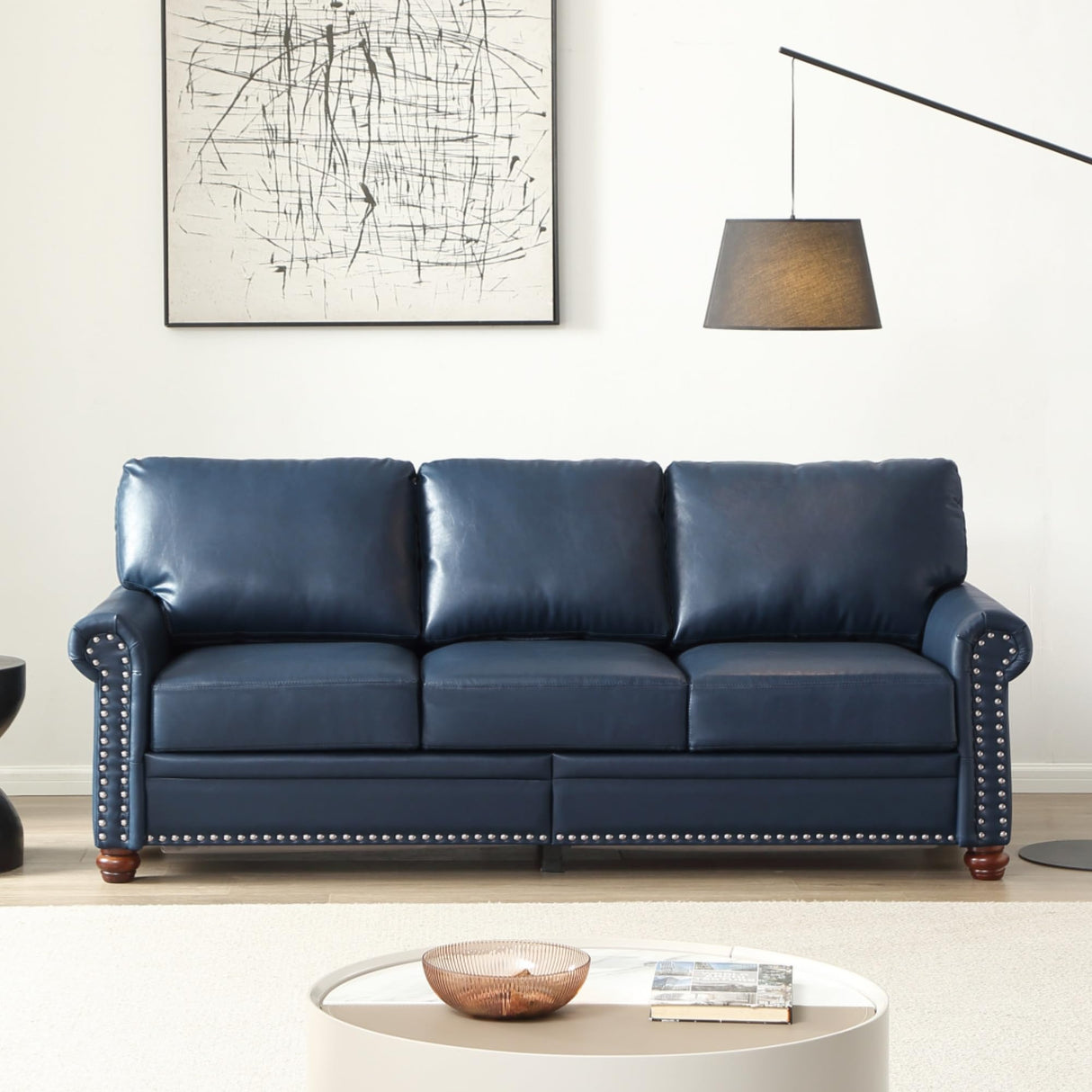 KEIKI 82.68" Chesterfield Sofa, Retro Style Upholstered Faux Leather PU Couch with Storage Space, Rolled Arm, Nailhead for Living Room Bedroom Office Apartment, Navy Blue KEIKI