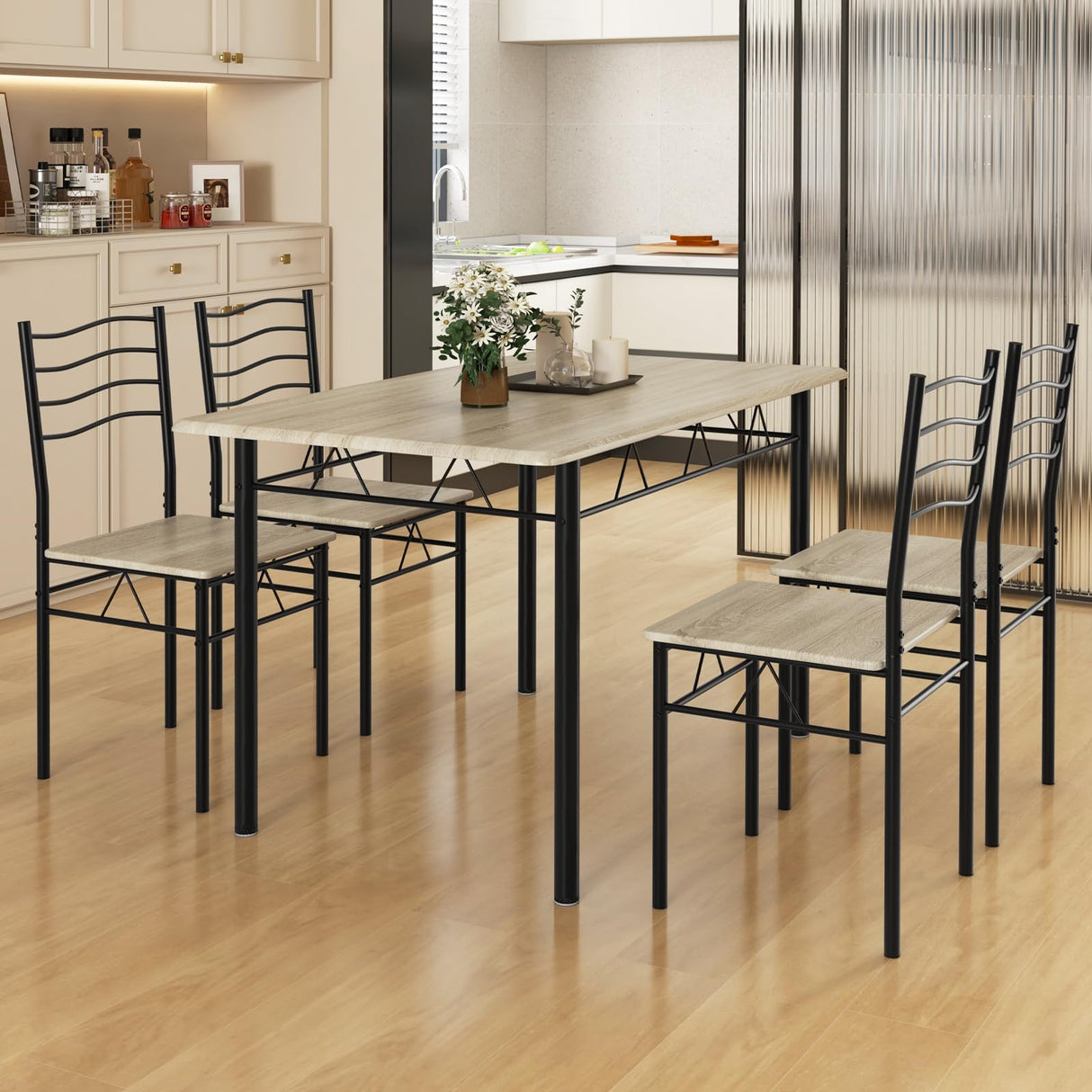 Giantex Modern 5 Piece Dining Table Set for 4 Chairs Wood Metal Kitchen Breakfast Furniture (Beech Wood) Giantex