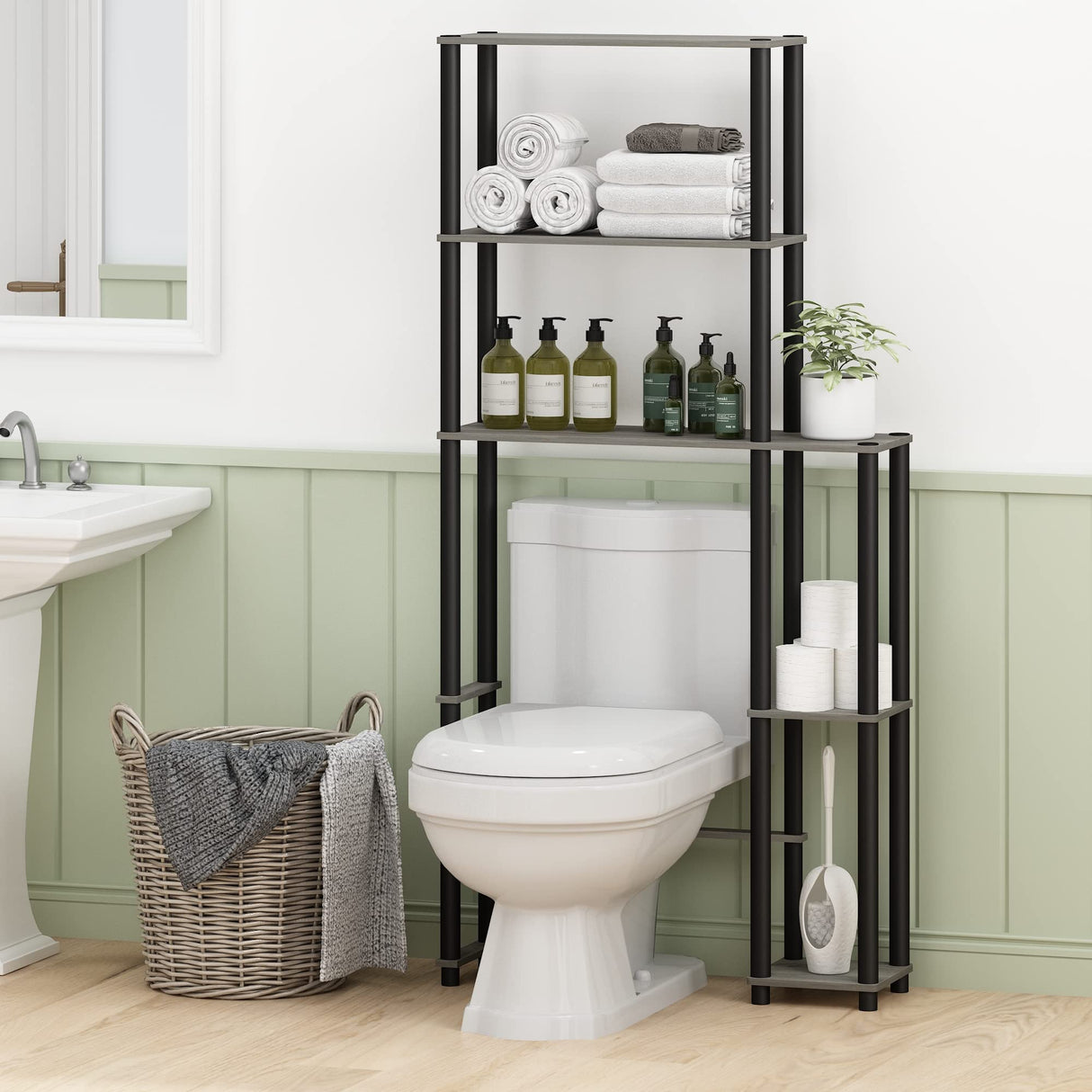 Furinno Turn-N-Tube Over The Toilet Storage, 5 Shelves Bathroom Organizer Space Saver Rack, French Oak Grey/Black Furinno