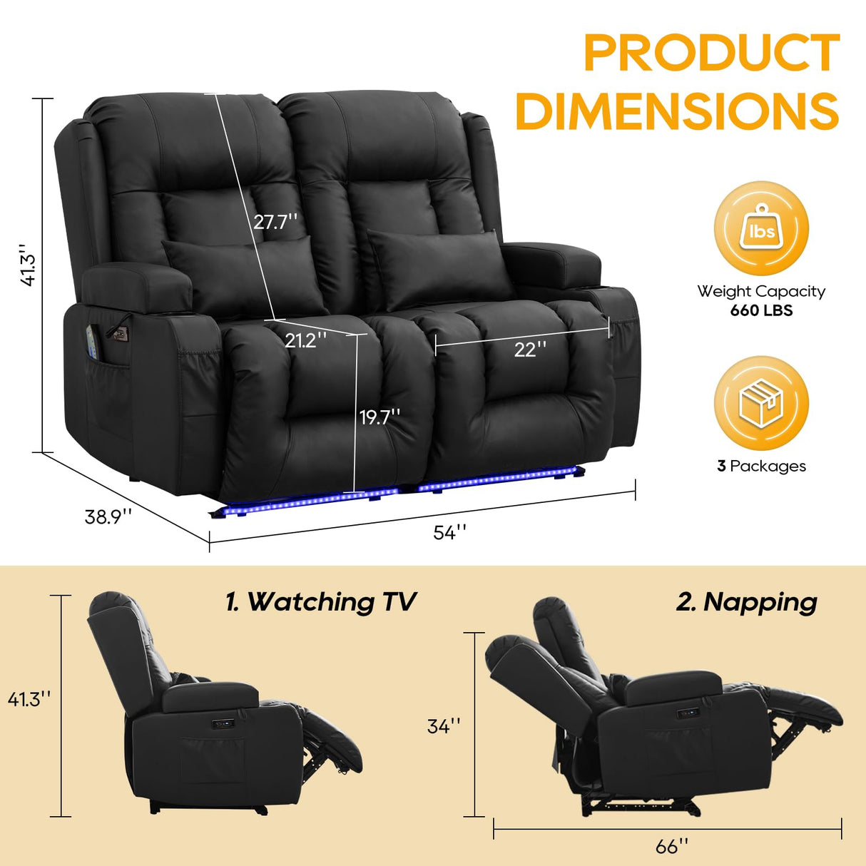 IPKIG 54" Power Loveseat Recliner Sofa, Electric Home Theater Seating with Massage Heat/4 Colors Ambient Lights/USB Port/Side Pocket/Cup Holder for Living Room, Bedroom, Home (Black, 2 Seater) IPKIG