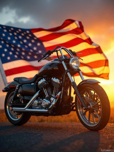 TUTUMAY21 Diamond Art Kits for Adults Motorcycle American Flag Sunset Diamond Painting Kits for Adults Beginner, Frameless Diamond Painting Kit for Home Wall Decor 12x16inch
