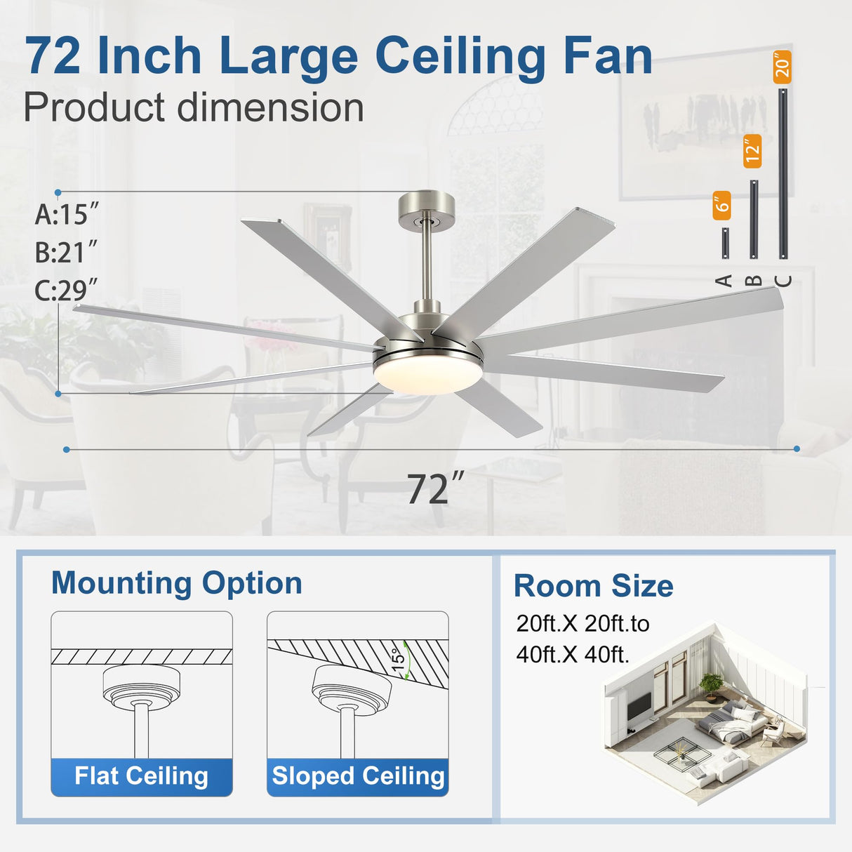 72 Inch Large Ceiling Fans with Lights and Remote, Modern Brushed Nickel Ceiling Fan for Indoor or Outdoor Patio, 6 Speed, Reversible, DC Motor, Timer, 3 CCT, Dimmable putroad
