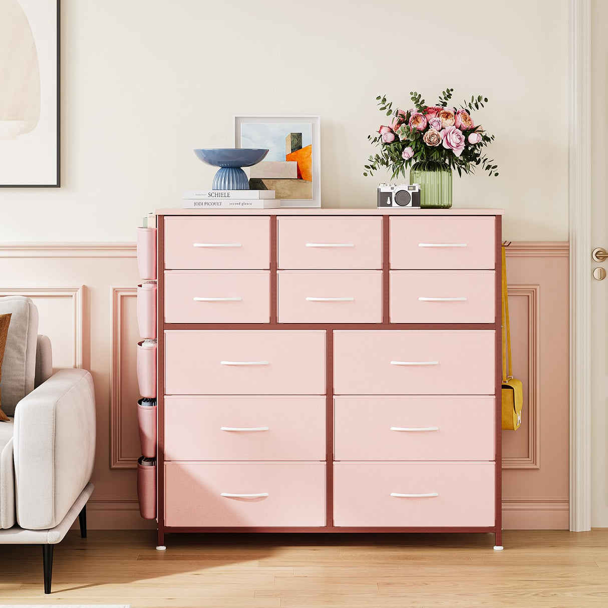 12 Dresser for Bedroom, Chest of Drawers for Bedroom with Side Pockets and Hooks, Fabric Storage Dresser, Sturdy Steel Frame, Wood Top, Easy Pull Handle (Pink) Jojoka