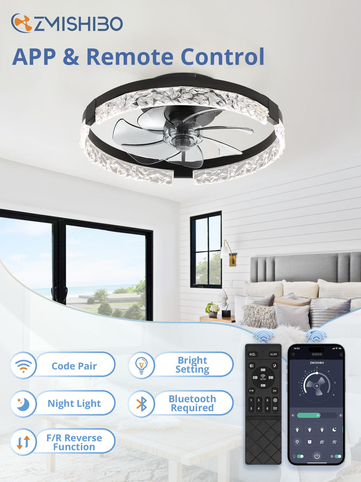 ZMISHIBO Ceiling Fans with Lights and Remote, 18 Inch Flush Mount Fan Light, 6 Speeds, 3CCT, Dimmable, Low Profile Ceiling Fan, Modern Ceiling Fan with Light for Bedroom and Living Room, Black ZMISHIBO