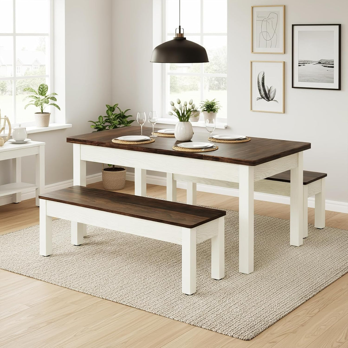 Tribesigns 55-Inch Kitchen Table Set for 4-6 People, Farmhouse Space Saving Dining Table with 2 Benches, 3 Pieces Wooden Dinette Set for Small Space, Breakfast Nook, Restaurant (White and Brown) Tribesigns