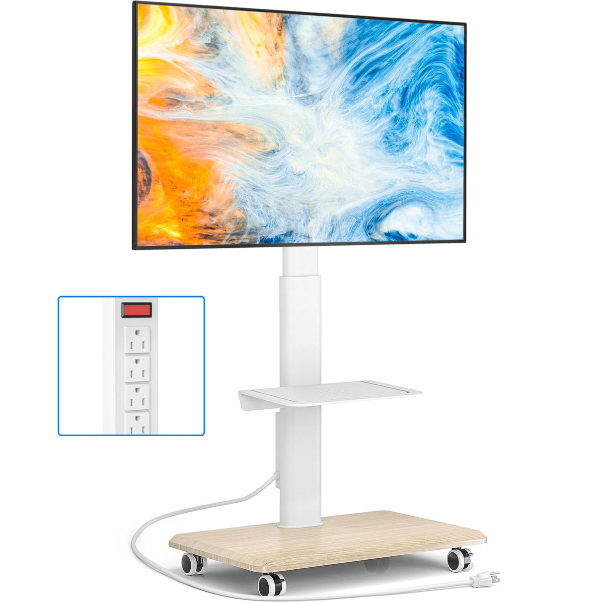 Rfiver Sleek Rolling TV Stand with Power Outlet for Home Decor, Height Adjustable Portable TV Stand on Wheels for 32-70 Inch TVs, Strong Tall Mobile TV Cart with Mount Up to 88 lbs, White Rfiver