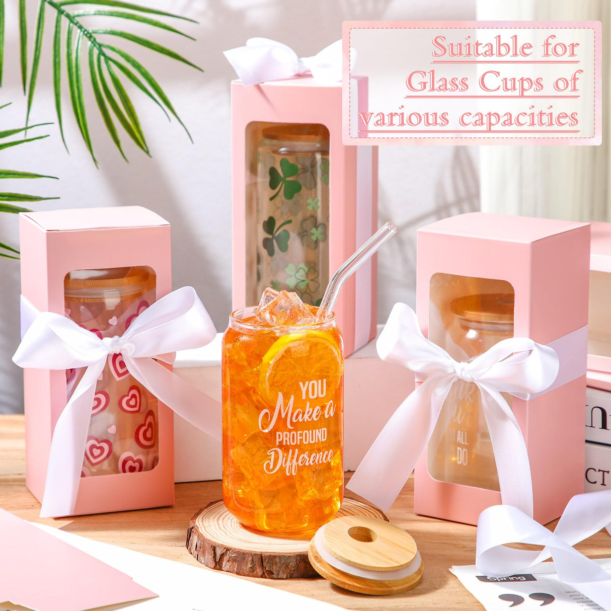 Fulmoon 12 Sets Sublimation Glass Gift Boxes Christmas Thank You Glass Cup Boxes with Ribbon Gift Wrap Boxes for Thanksgiving Christmas Shipping Blanks Sublimation Gift Wrapping(Pink) Fulmoon