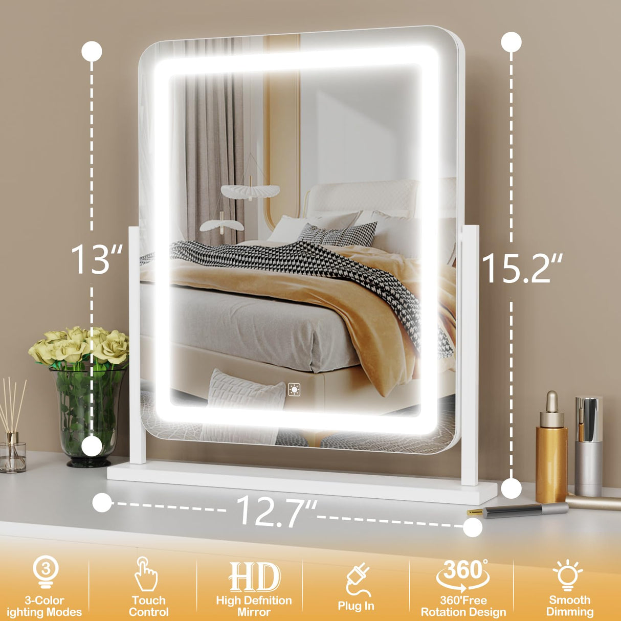 Lighted Makeup Mirror, Hollywood Vanity Mirror with Lights, Three Color Lighting Modes, and Detachable 10X Magnification Mirror, Smart Touch Control, 360°Rotation (15.2in. Gold) Gvnkvn