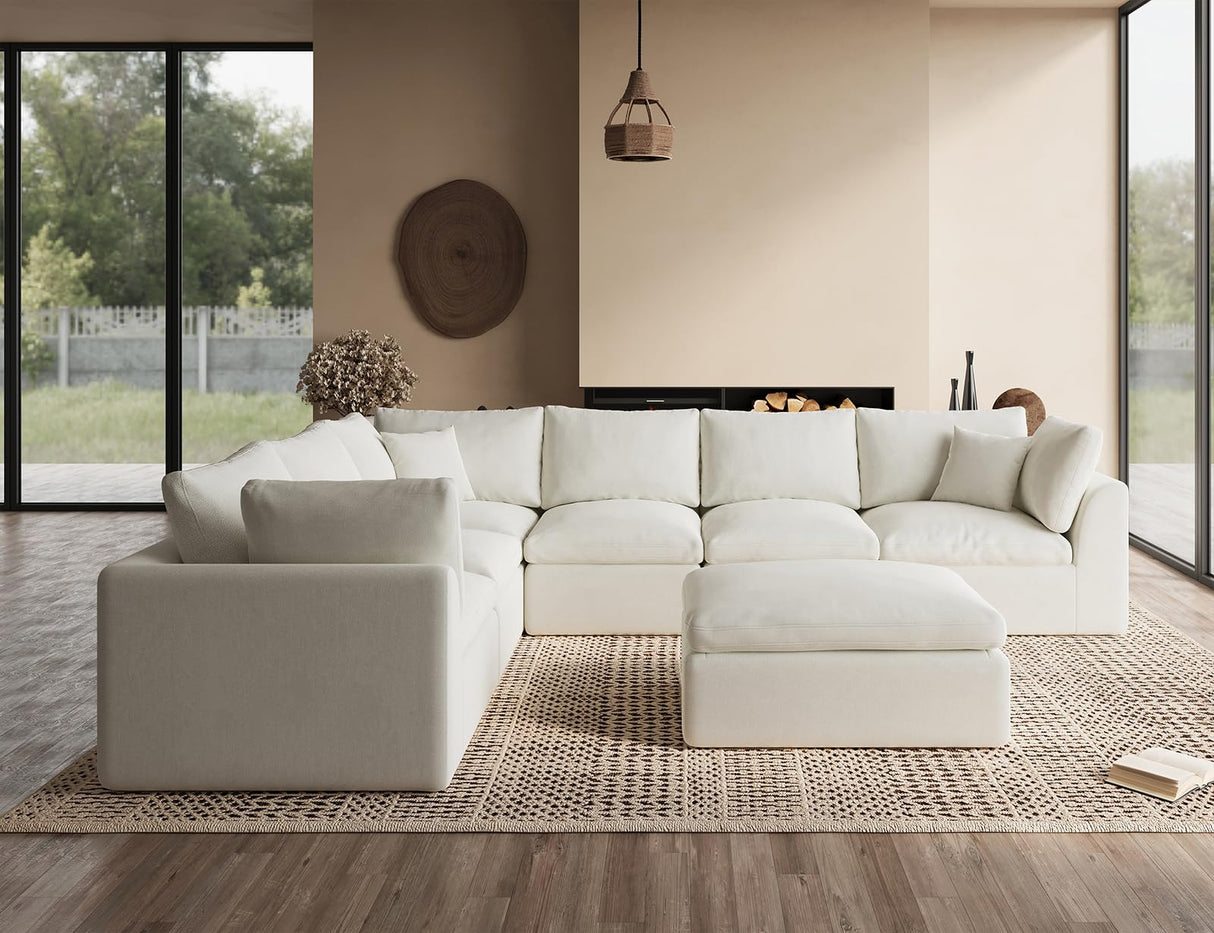 ohllob Oversized Cloud Couches for Living Room, Convertible Sectional Couch with Ottoman, 7 Seater Large Modular Sectional Sofa, Warm White ohllob