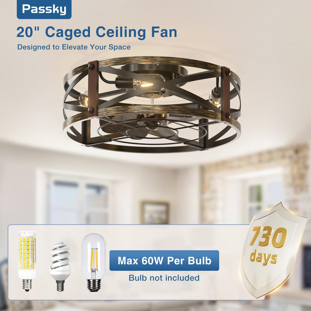 Passky 20" Farmhouse Flush Mount Ceiling Fans with Lights and Remote, Industrial Black Caged Low Profile Fandelier, 6 Speeds Bladeless Ceiling Fan for Bedroom, Kitchen, Living Room Passky
