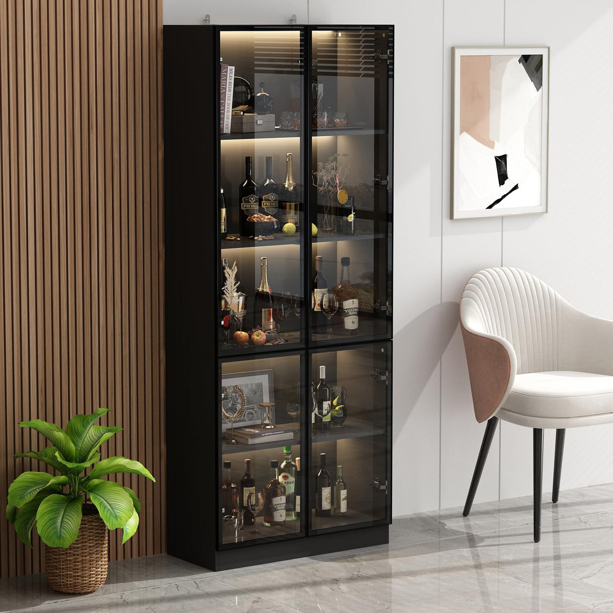 Homsee 5-Tier Black Bookcase with Glass Doors and LED Lighting for Stylish Storage Homsee