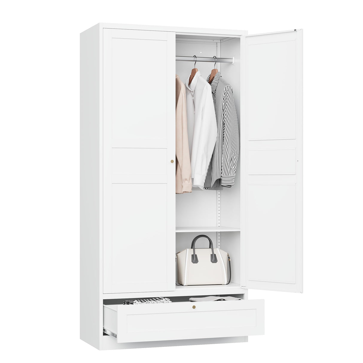 MIIIKO Wardrobe Closet with Drawer, 2 Doors Clothes Cabinet, 72" Metal Storage Cabinets with Hanging Rod, Bedroom Armoires Laundry Room and Office Clothes Storage Organizer Cabinets MIIIKO