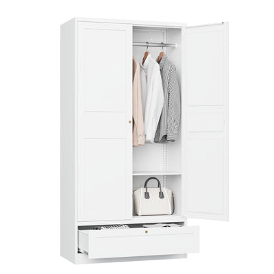 MIIIKO Wardrobe Closet with Drawer, 2 Doors Clothes Cabinet, 72" Metal Storage Cabinets with Hanging Rod, Bedroom Armoires Laundry Room and Office Clothes Storage Organizer Cabinets