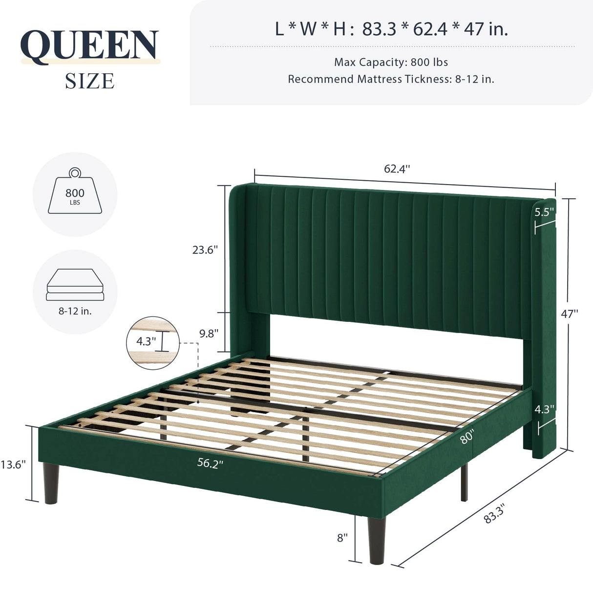 Allewie Queen Size Bed Frame/Velvet Upholstered Platform Bed/Vertical Channel Tufted Wingback Headboard/Strong Wooden Slats/No Box Spring Needed/Easy Assembly/Green Allewie