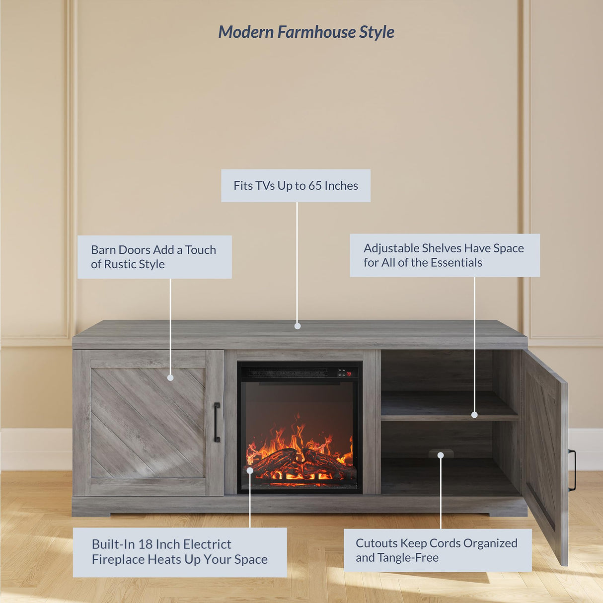 BELLEZE Modern 58" Farmhouse TV Stand with 18" Electric Fireplace Heater & Media Entertainment Center for TV up to 65", Console Table with Storage Cabinets - Hilo (Grey Wash) BELLEZE