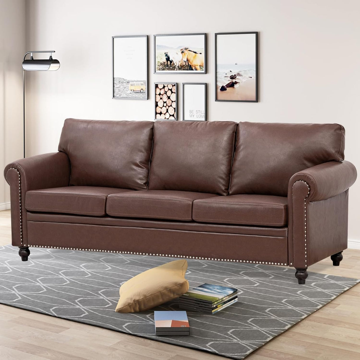 Brown Leather Couch, Comfy Classic 3 Seater Living Room Sofa,Mid-Century Modern Sofa with Detachable Cushions 84" for Living Rooms, Bedrooms, Offices,Apartments Tool-Free Assembly(Brown PU + Sofa) INOTEVERITORY