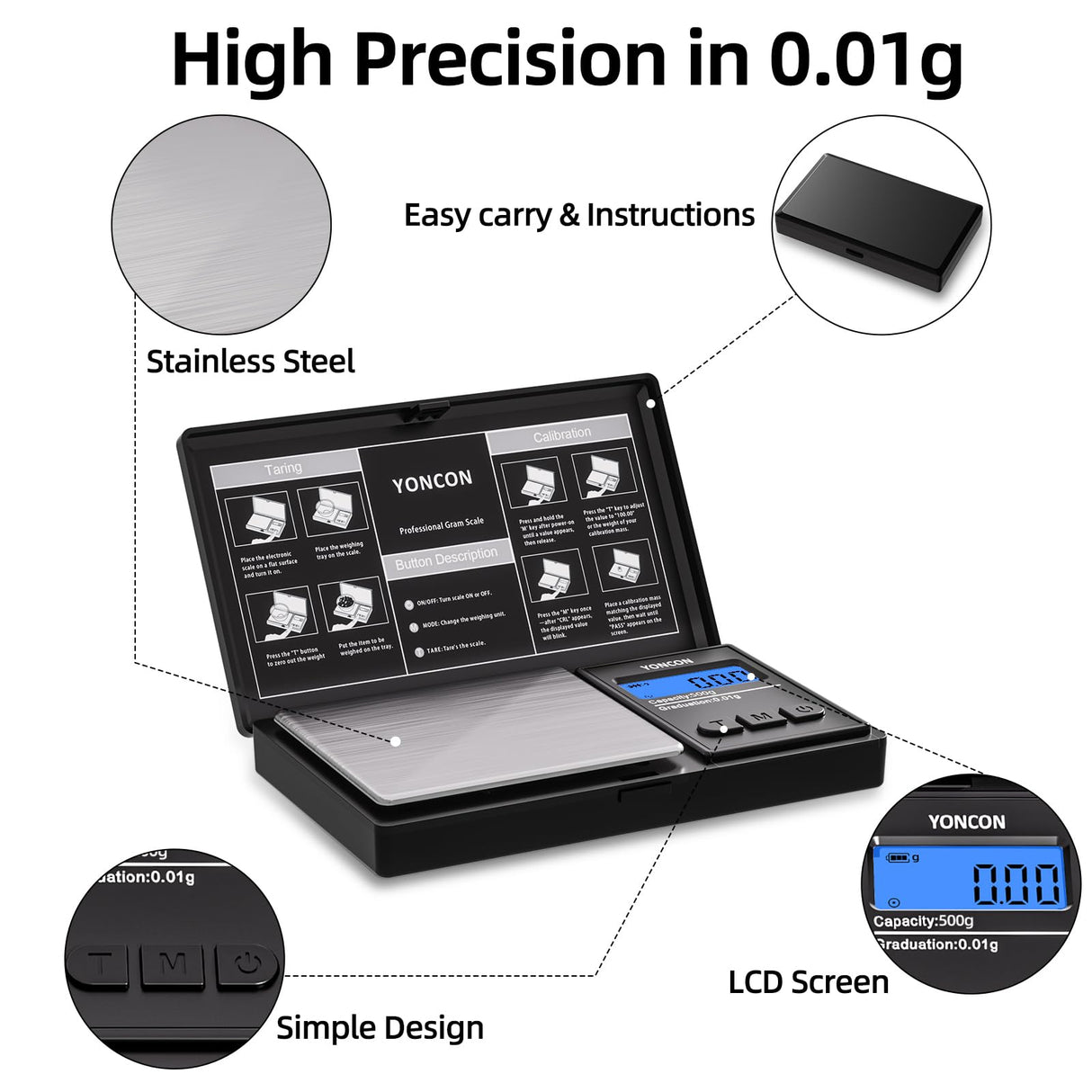 Gram Scale- 500g Ultra-Precise Digital Scale 0.01 Gram Accuracy for Jewelry, Diamonds, Gold & Silver, Portable Pocket Scale with LCD Display, Tare Function - Perfect for Jewelers & Collectors Yoncon