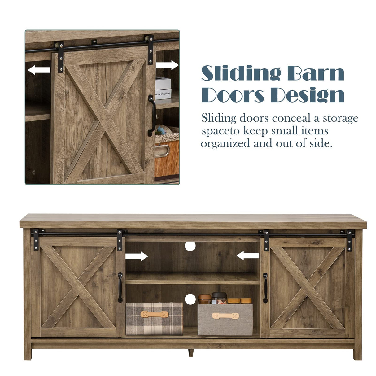 GAZHOME Farmhouse TV Stand with Sliding Barn Doors, Media Entertainment Center Console Table for TVs up to 65”,2-Tier Large Storage Cabinets,Rustic TV Stand for Living Room Bedroom,Light Grey GAZHOME