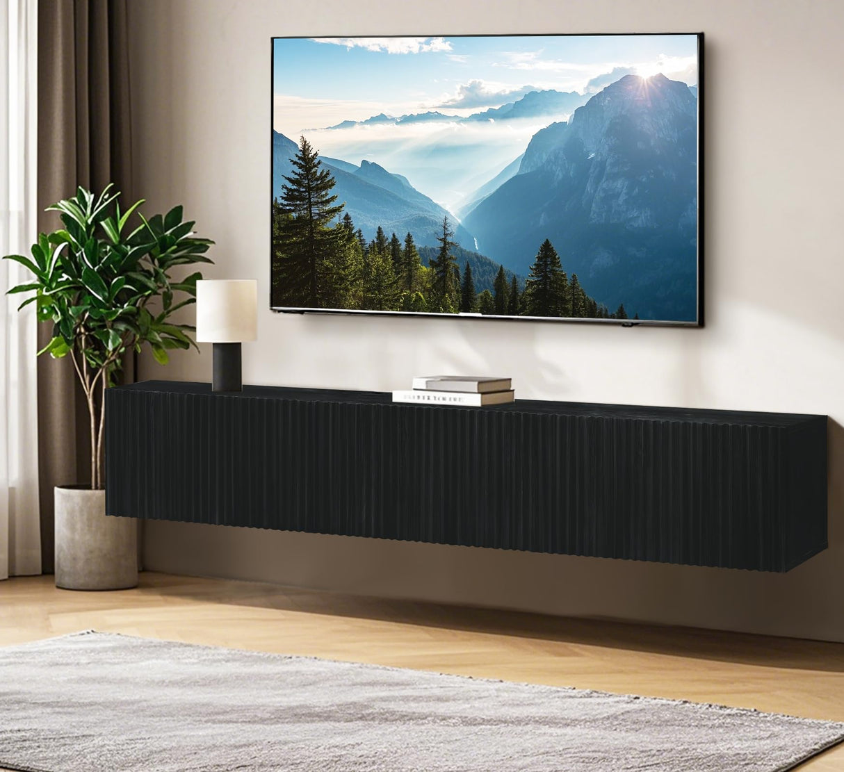 ZYBT Floating TV Stand, Modern Wall Mount Entertainment Center TV Shelf, 70.7" Media Console Under TV Storage Cabinet with Fluted Doors, TV Consoles for Living Room, Floating Cabinet for Wall (Black) ZYBT