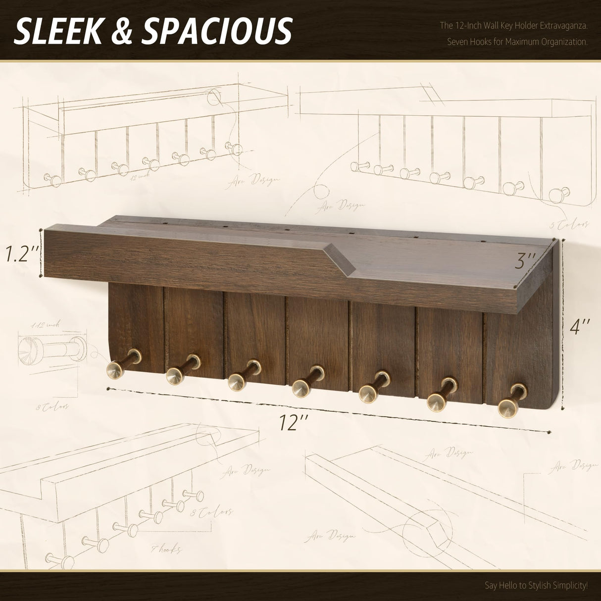 Rebee Vision Farmhouse Key Holder Wall Mount - Decorative Key and Mail Holder for Wall with 7 Hooks and Shelf Organizer - Ideal Apartment Essentials for Aesthetic Home Decor (Rustic Brown) Rebee Vision