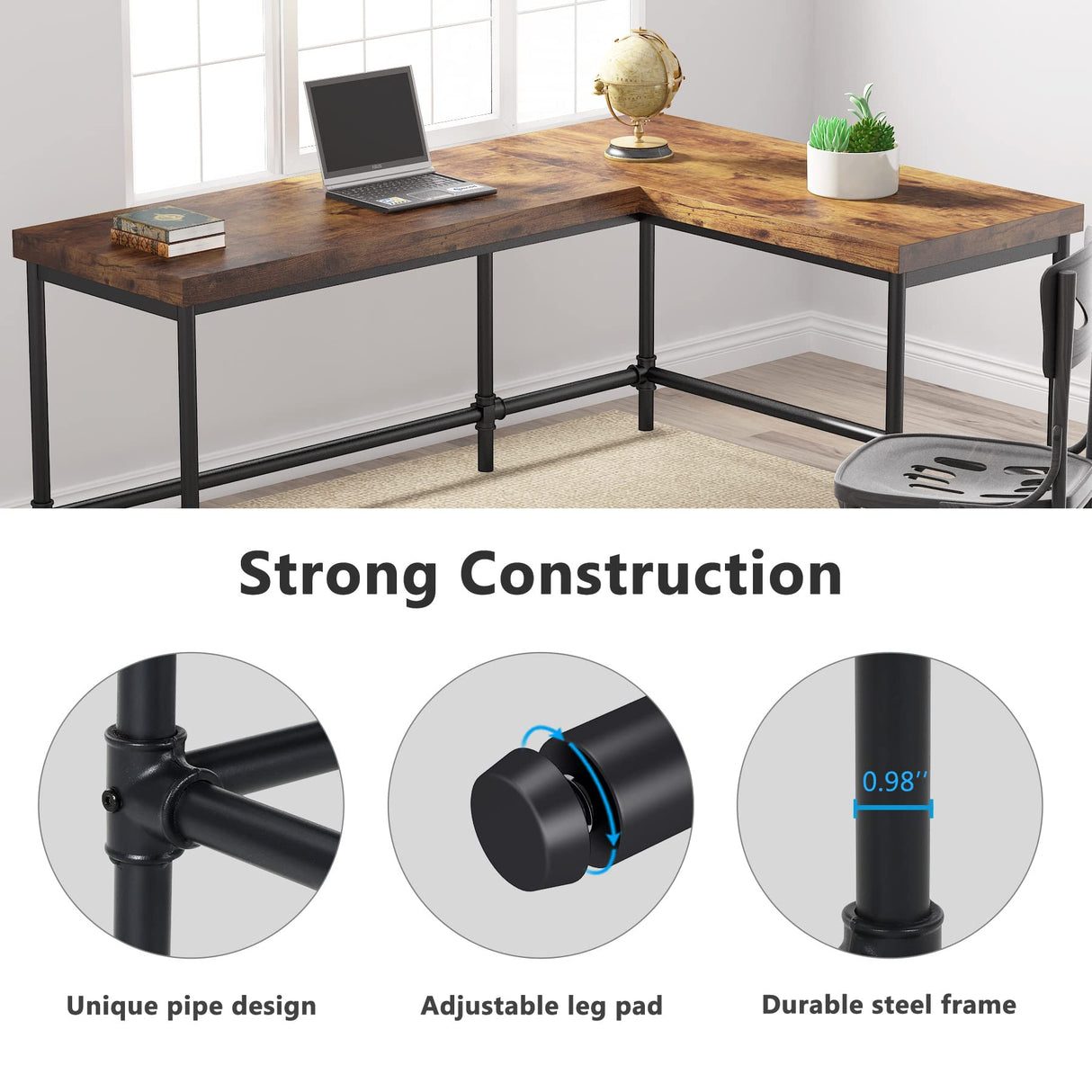 Tribesigns L-Shaped Desk, 67 inch Industrial Reversible Corner Computer Office Desk PC Laptop Study Table Workstation with Metal Pipe Legs for Home Office (Rustic Brown) Tribesigns