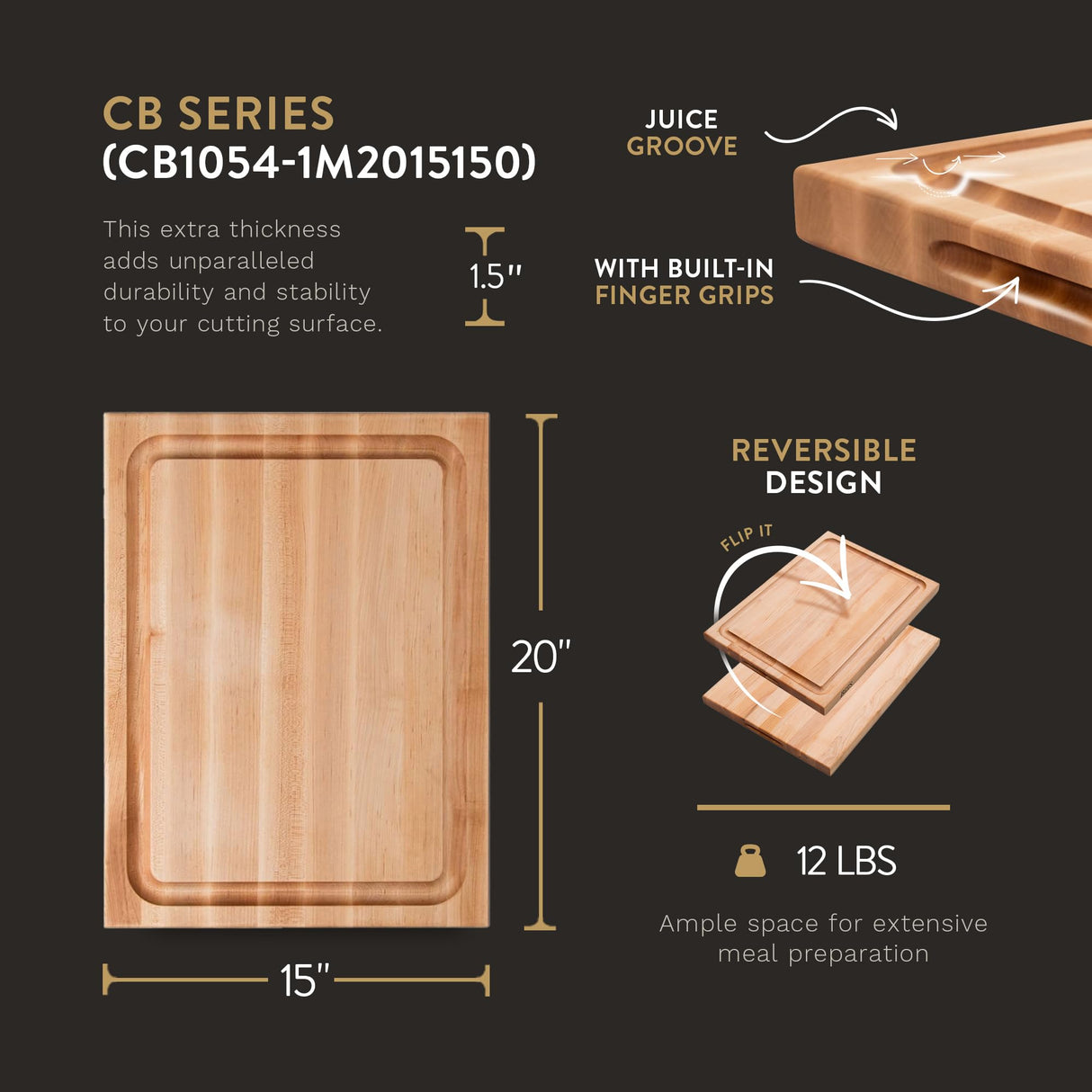 John Boos Reversible Cutting Board w Juice Groove, Chop-N-Slice, 20" x 15" x 1-1/2", Maple John Boos