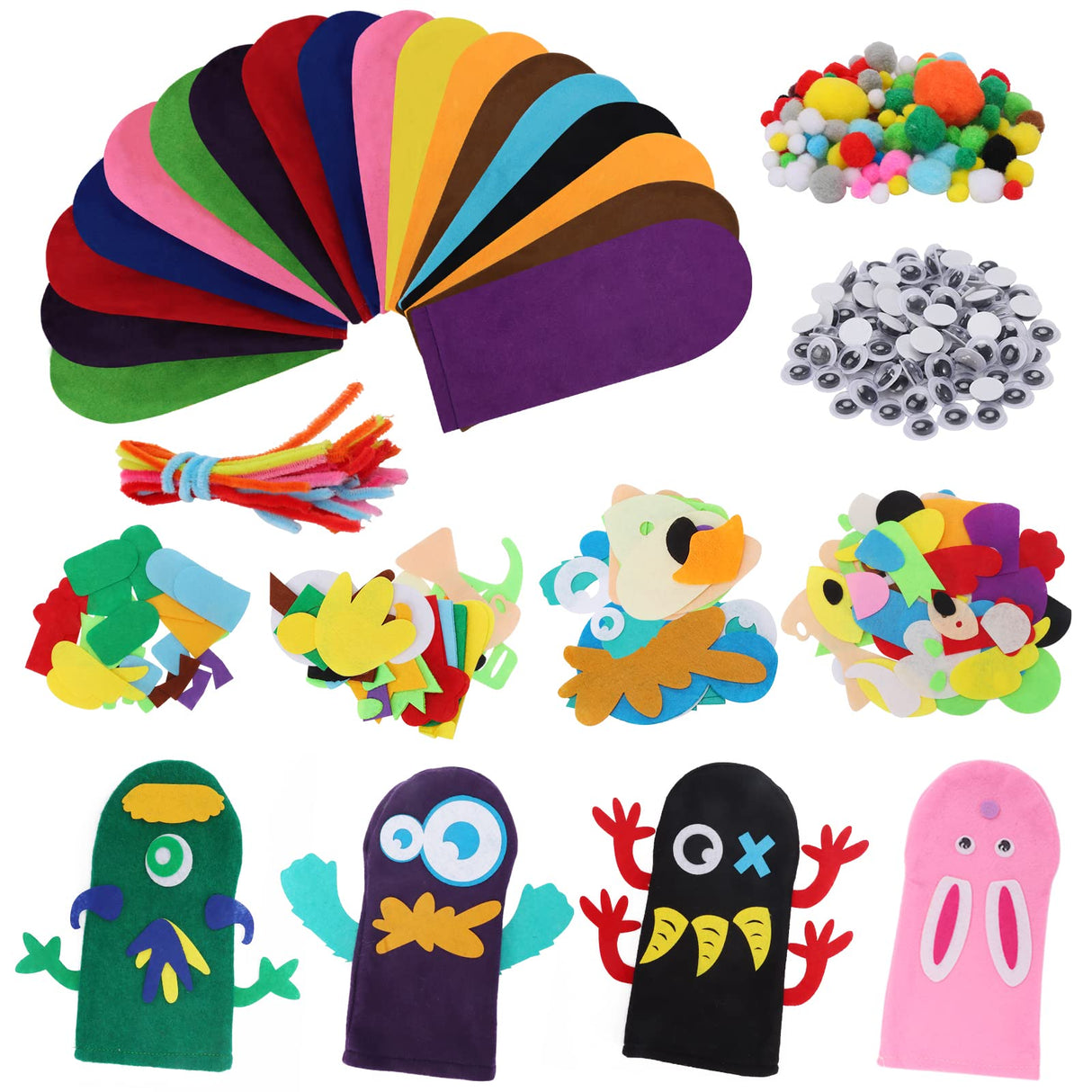 18 Pieces DIY Hand Puppets Making Kit Felt Sock Creative Art Craft Making Your Own Puppets Colorful Pompoms Wiggle Googly Eyes Storytelling Role Play Party Supplies Yaveron