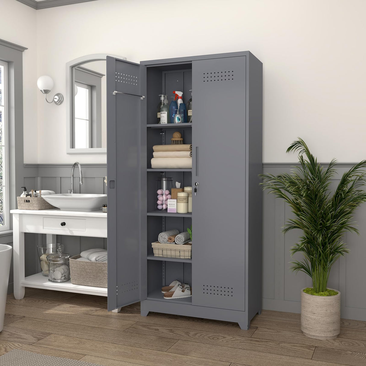 IRONFFICE Utility Cabinet,Heavy Duty Garage Cabinets with Shelves,Cabinet for Brooms and Mops for Laundry Room,Garage,Bathroom,Grey IRONFFICE