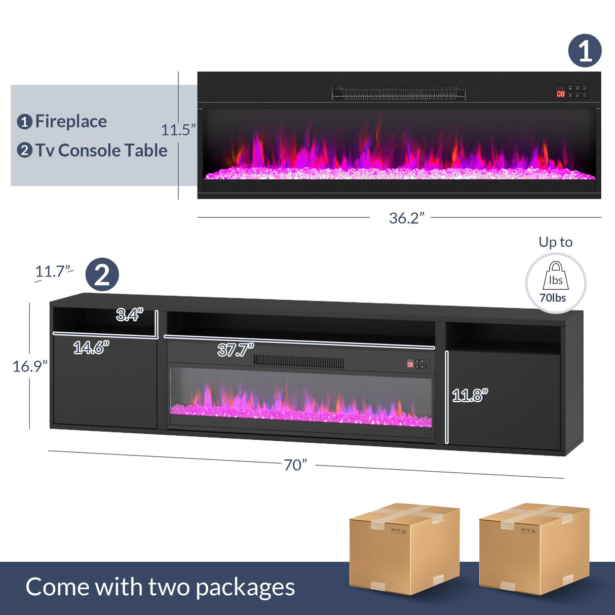 BELLEZE 70" Floating Fireplace TV Stand Wall Mounted with 36" Electric Fireplace,960 RGB Colors Entertainment Center with Storage for TVs up to 80", Modern Media Console TV Shelf for Living Room BELLEZE