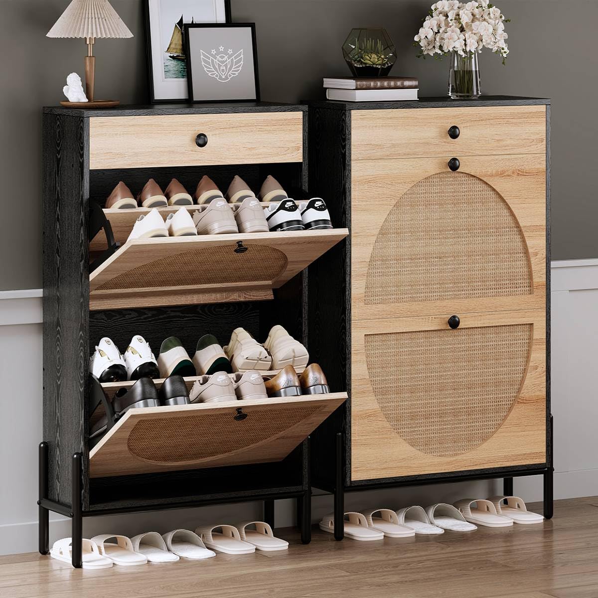 IRONCK Shoe Cabinet with 2 Flip Drawers, Shoe Storage Cabinet for Entryway, Free Standing Shoe Storage Organizer with Rattan Doors Slim Narrow Shoe Rack Cabinet, Black IRONCK
