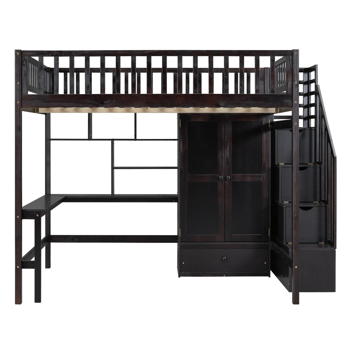 URTR Espresso Full Loft Bed with Storage Stairs, Wardrobe, and Desk for Optimal Space Utilisation URTR